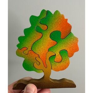 Handmade Wooden Tree Puzzle Cancun Mexico Folk Art 3D Stand Up Sculpture 5 Piece